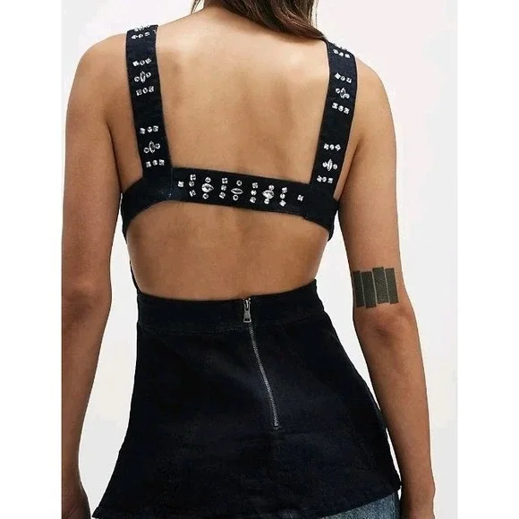 FREE People Decked In Shine Rhinestone Denim Open Back Top Size S NWT - Picture 3 of 8